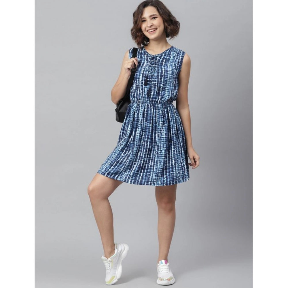 Generic Women's Rayon Tie & Dye Sleeveless Above Knee Dress (Blue)