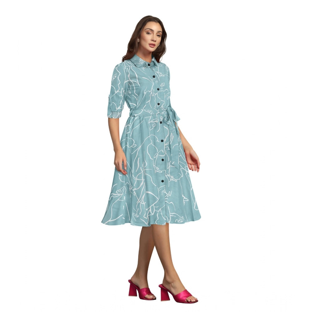 Generic Women's Ruby Cotton Printed Shirt Collar 3-4th Sleeve Dress (Pista)