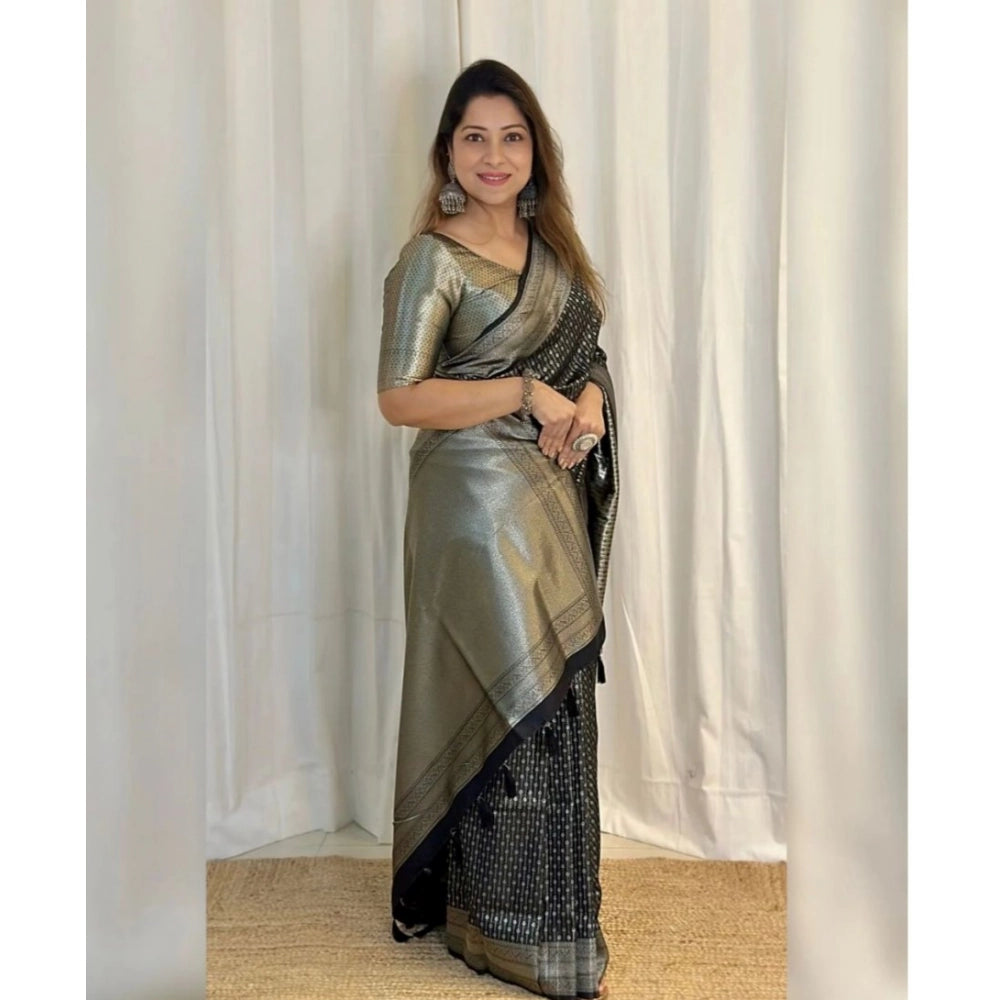 Generic Women's Silk Printed Saree With Unstitched Blouse 5.5Mtr (Black)