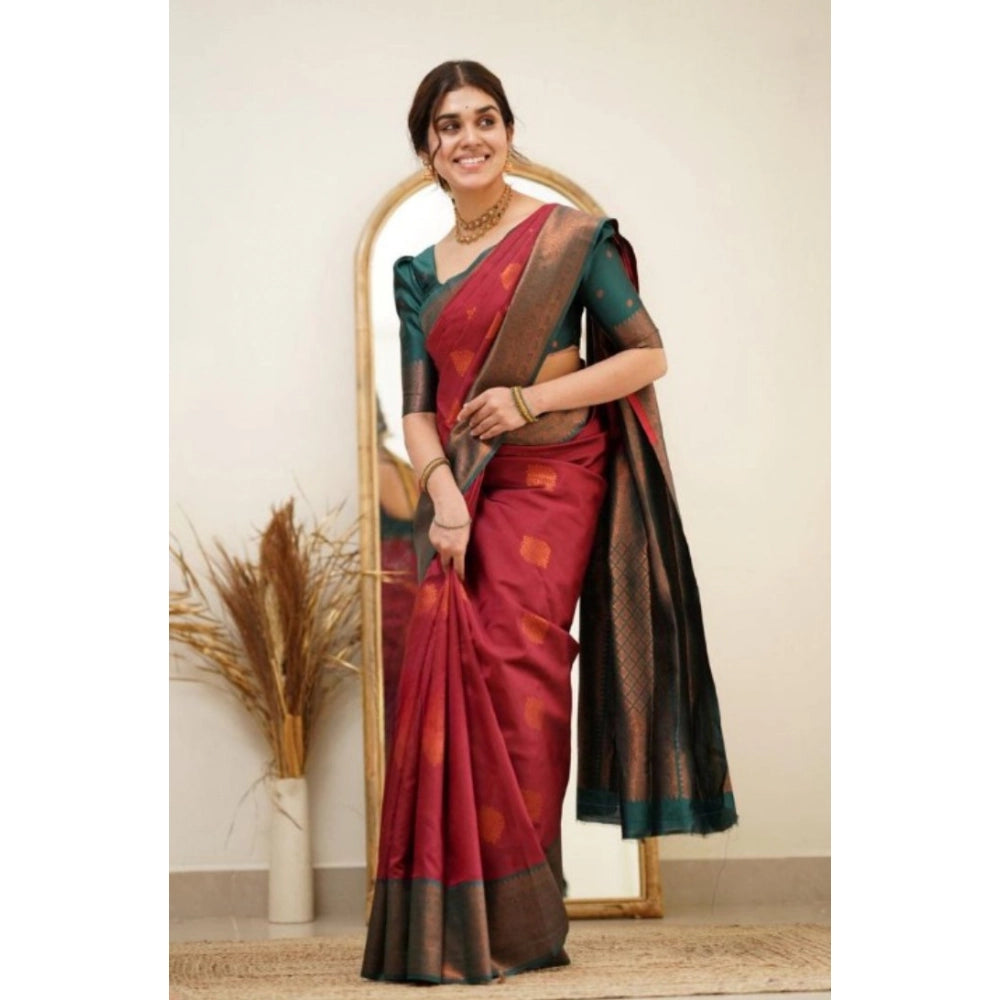 Generic Women's Silk Printed Saree With Unstitched Blouse 5.5Mtr (Red)