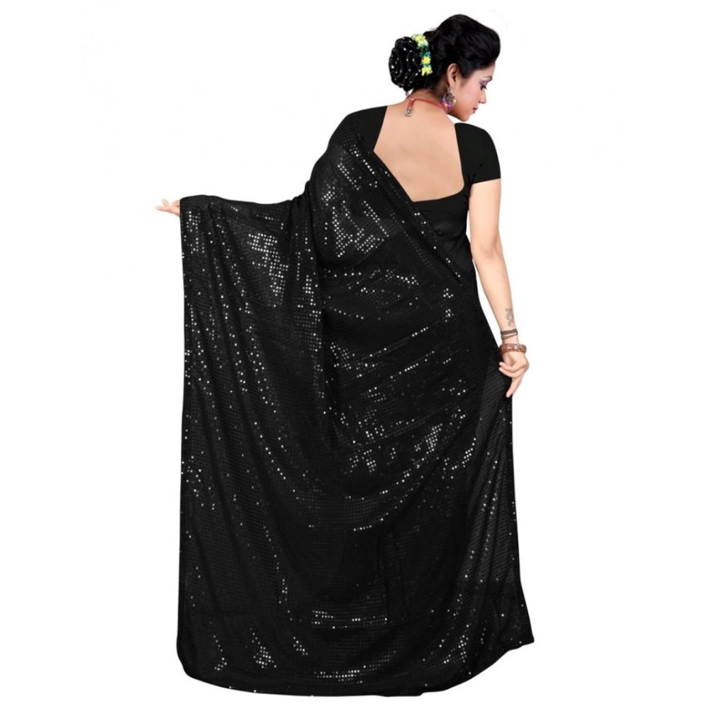 Generic Women's Georgette Embellished Sequnece Bollywood Saree With Unstitched Blouse 5.5Mtr (Black)