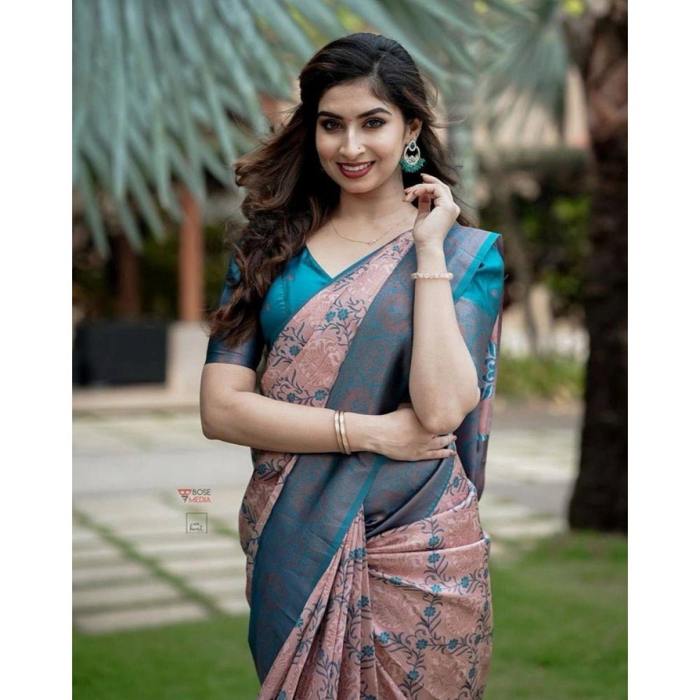 Generic Women's Soft Lichi Silk Printed Saree With Unstitched Blouse 5.5Mtr (Multicolor)
