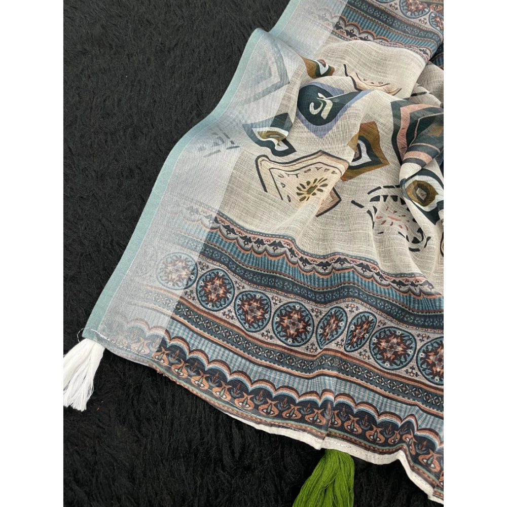 Generic Women's Linen Cotton Printed Saree With Unstitched Blouse 5.5Mtr (Grey)