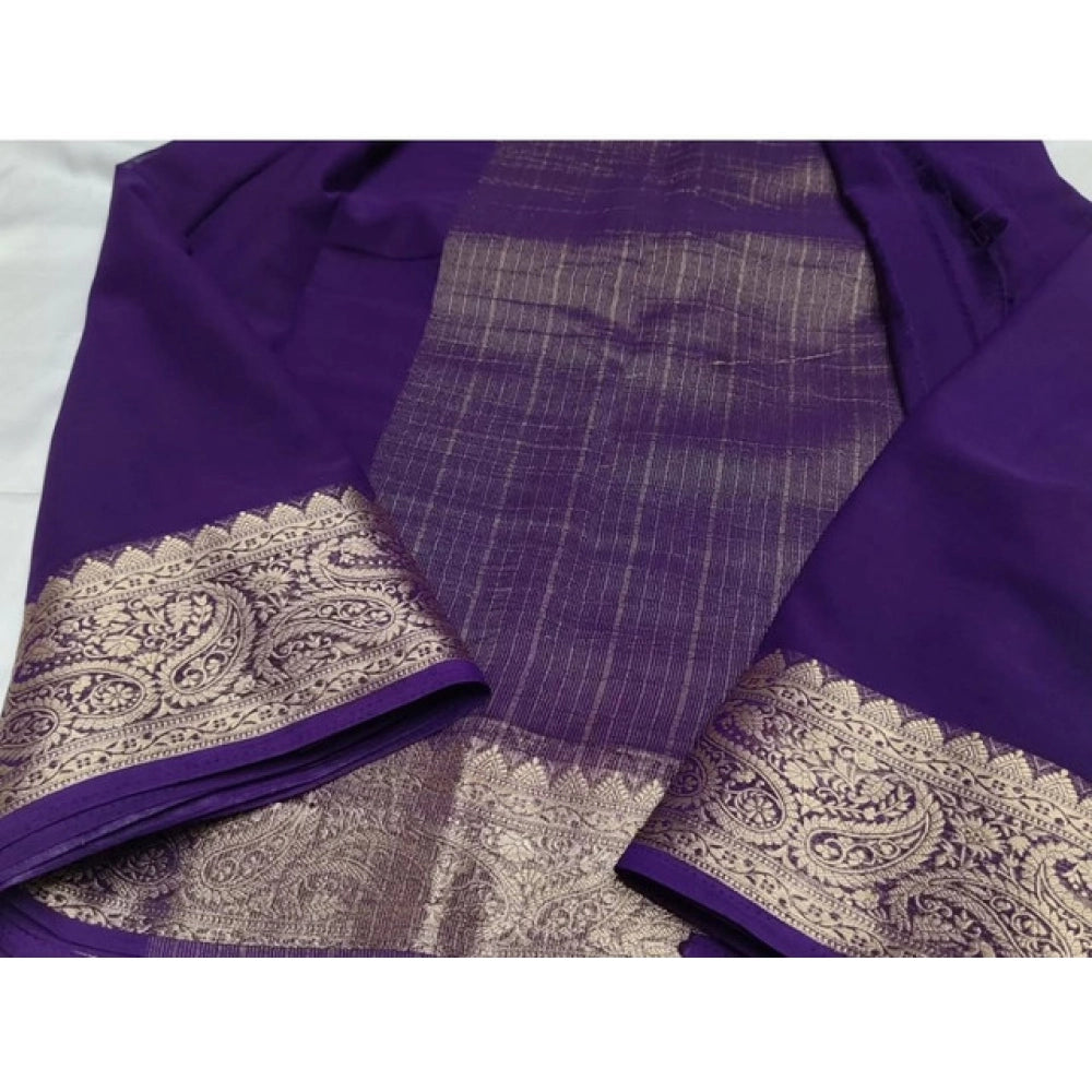 Generic Women's Crepe Chit Pallu Solid Saree With Unstitched Blouse 5.5Mtr (Purple)