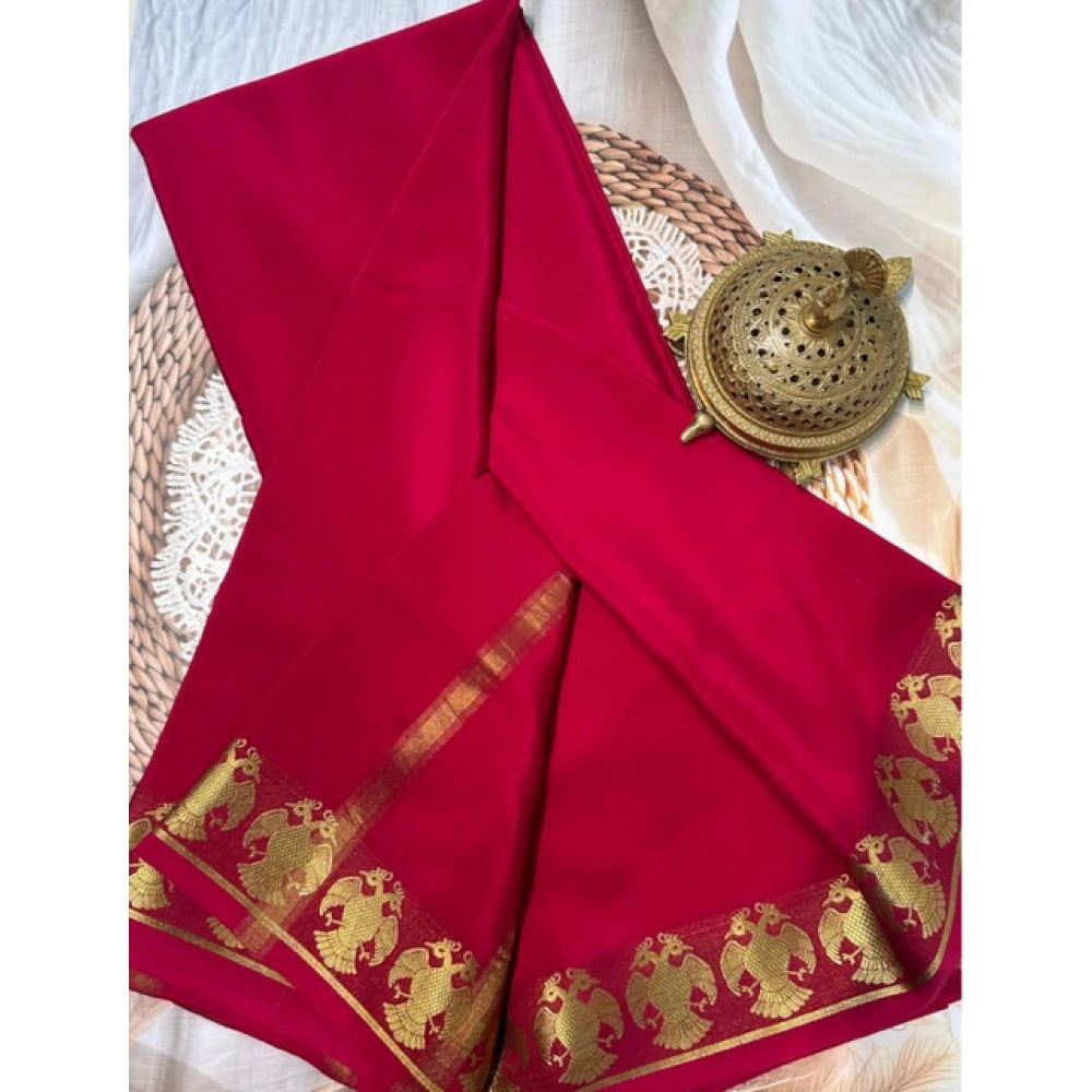 Generic Women's Crepe Chit Pallu Solid Saree With Unstitched Blouse 5.5Mtr (Red)