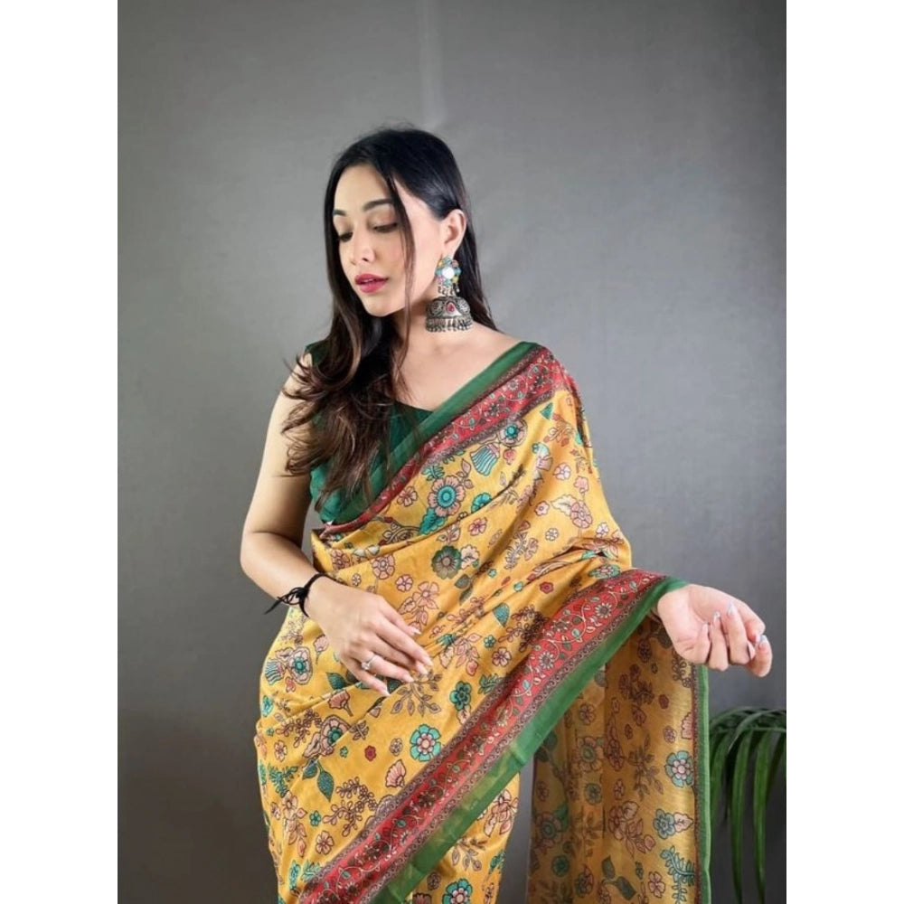 Generic Women's Linen Printed Saree With Unstitched Blouse 5.5Mtr (Yellow)