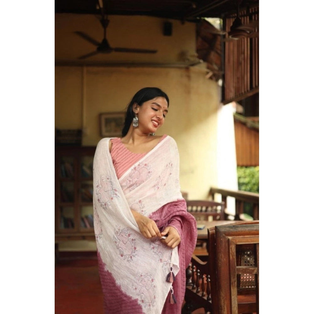 Generic Women's Linen Printed Saree With Unstitched Blouse 5.5Mtr (White)