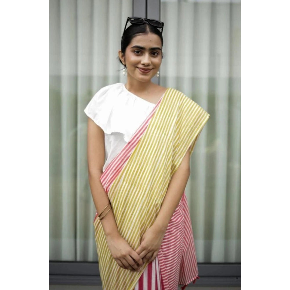Generic Women's Linen Printed Saree With Unstitched Blouse 5.5Mtr (Yellow)