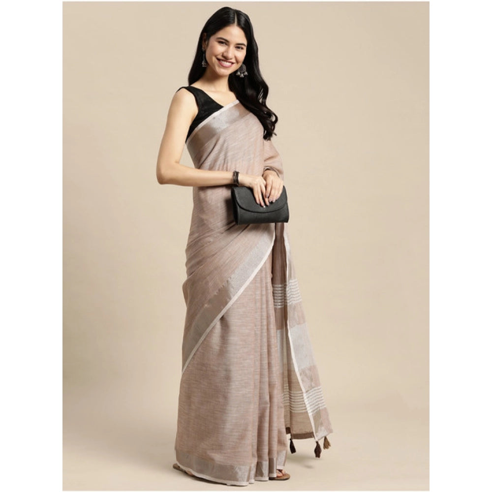 Generic Women's Linen Cotton Printed Saree With Unstitched Blouse 5.5Mtr (Beige)