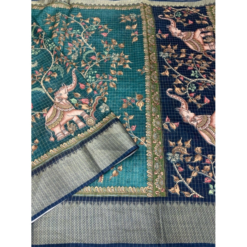 Generic Women's Cotton Silk Printed Saree With Unstitched Blouse 5.5Mtr (Teal)