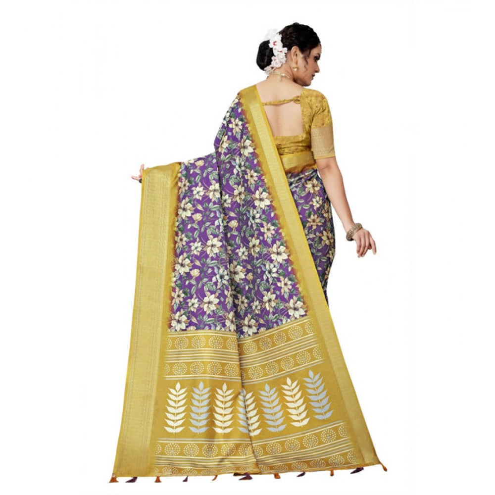 Generic Women's Cotton Silk Floral Printed Saree With Unstitched Blouse 5.5Mtr (Purple)