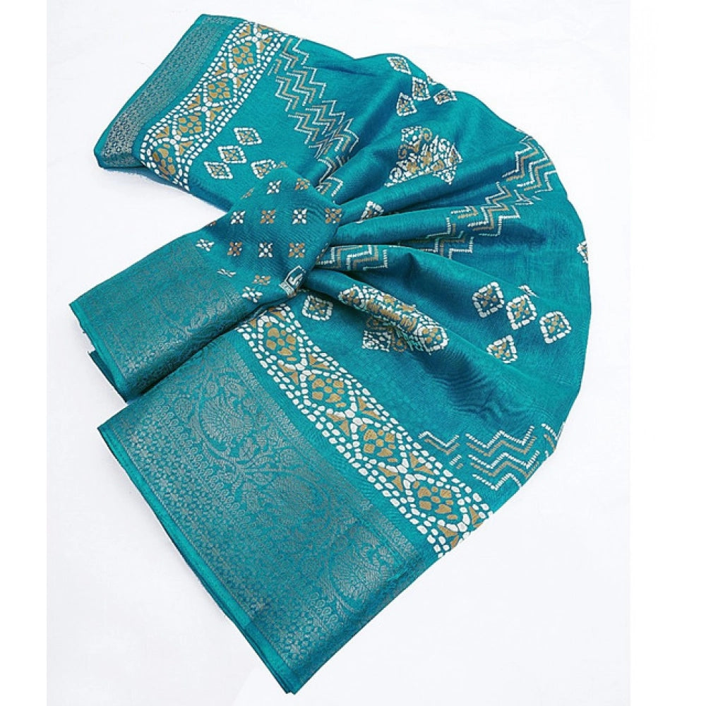 Generic Women's Cotton Silk Printed Saree With Unstitched Blouse 5.5Mtr (Teal)
