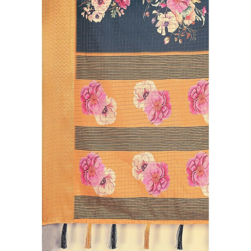 Generic Women's Cotton Silk Floral Printed Saree With Unstitched Blouse 5.5Mtr (Blue)