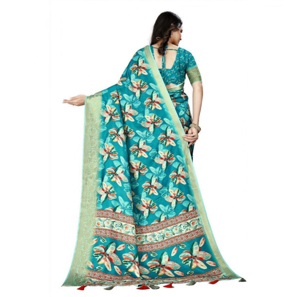 Generic Women's Cotton Silk Floral Printed Saree With Unstitched Blouse 5.5Mtr (Turquoise)