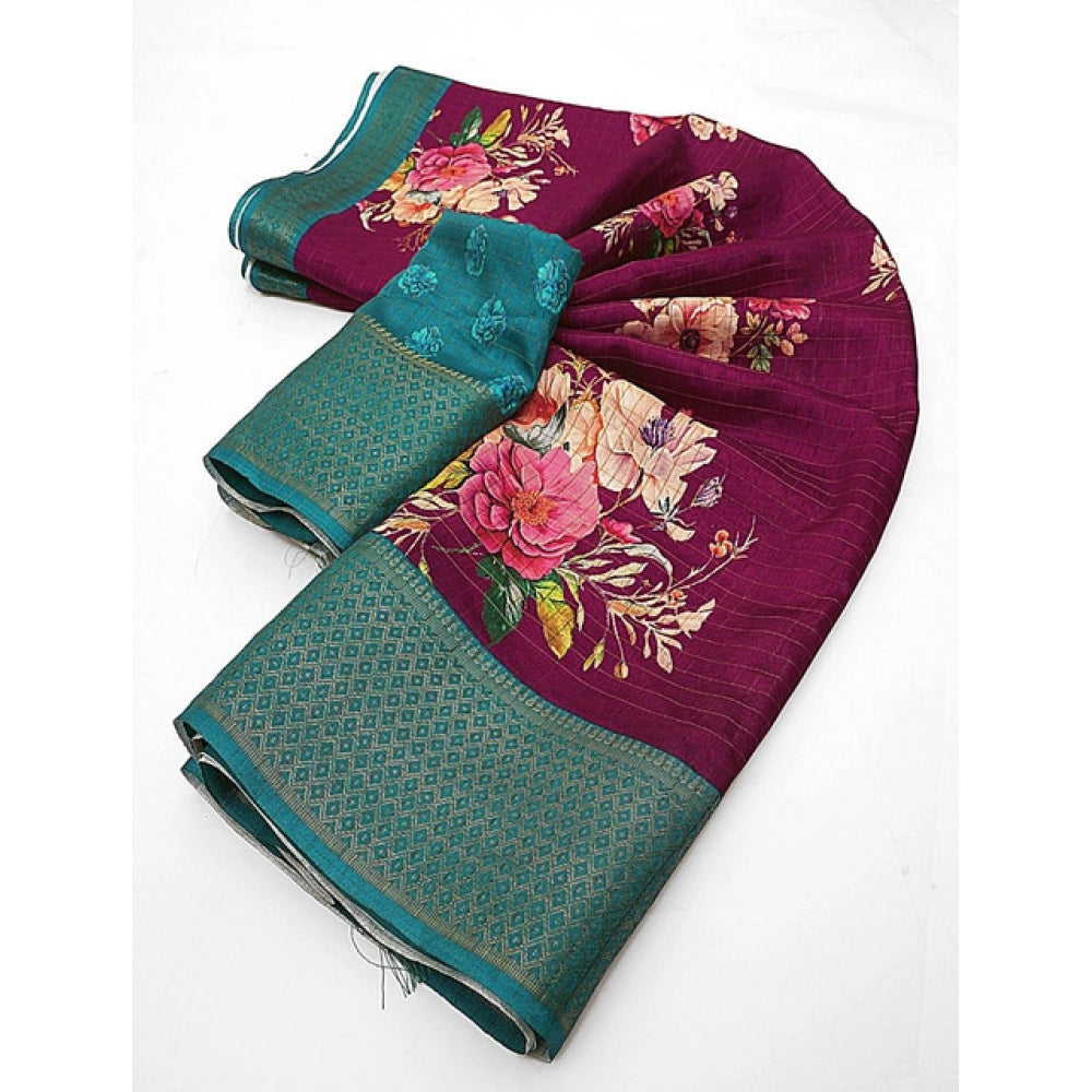 Generic Women's Cotton Blend Floral Printed Saree With Unstitched Blouse 5.5Mtr (Maroon)