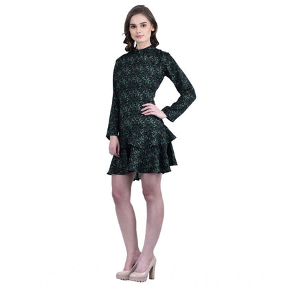Generic Women's Cotton Blend Floral Full Sleeves Dress (Green)