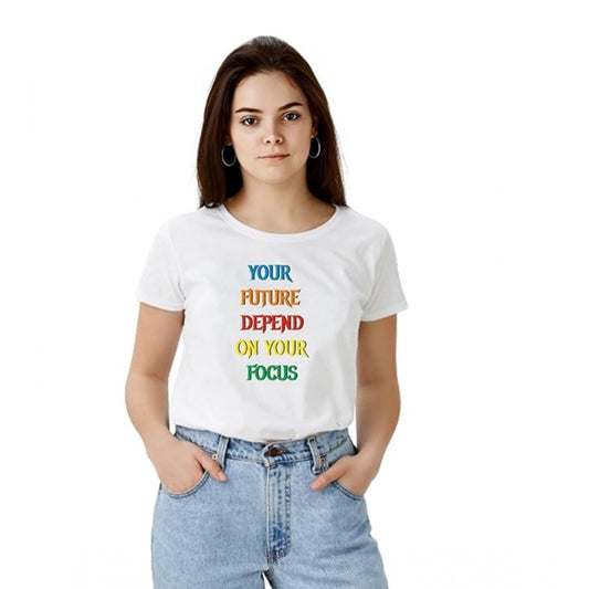 Generic Women's Polyester Solid Printed Round Neck Half Sleeve T-shirt (White)