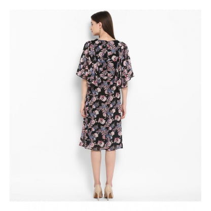 Generic Women's Polyester Floral Short Sleeve Knee-Length Dress (Black - Multicolor)
