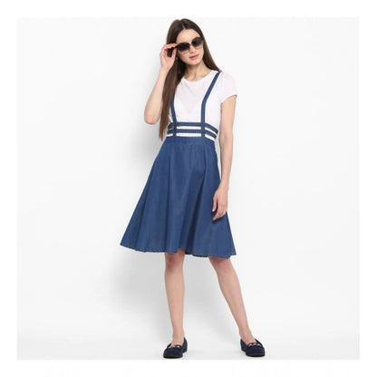 Generic Women's Denim Solid Shoulder Straps Below Knee Dress (Blue)
