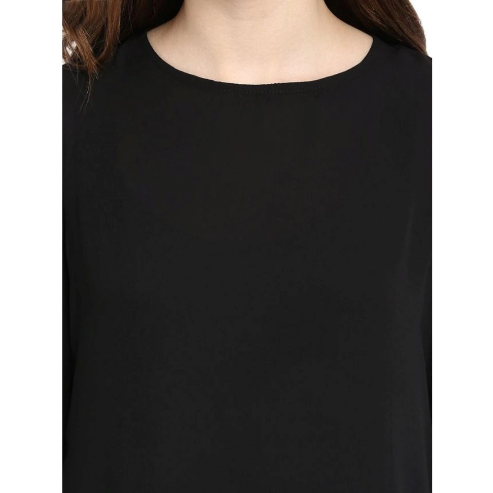 Generic Women's Polyester Georgette Self Design Bell Sleeve Regular Top (Black)