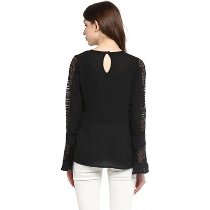 Generic Women's Polyester Georgette Self Design Bell Sleeve Regular Top (Black)