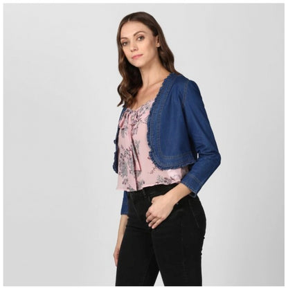 Generic Women's Denim Ruffled Long Sleeves Shrug (Navy Blue)