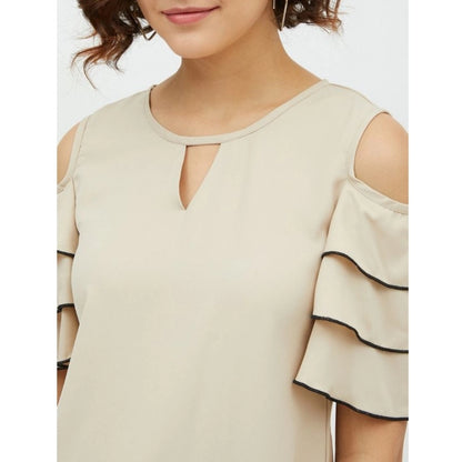 Generic Women's Polyester Tiered Cold Shoulder Top (Beige)