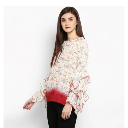 Generic Women's Rayon Crepe Printed Ruffle Sleeve Top (Off White - Red)