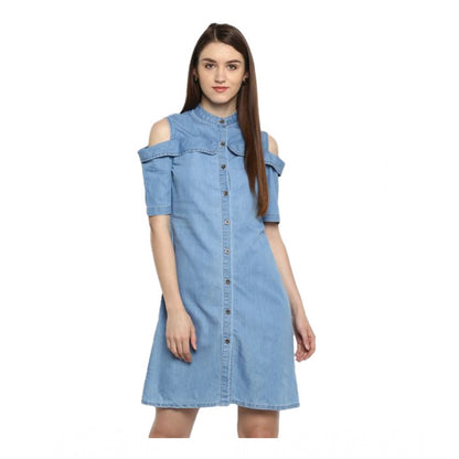 Generic Women's Denim Solid Cold Shoulder Above Knee Dress (Blue)