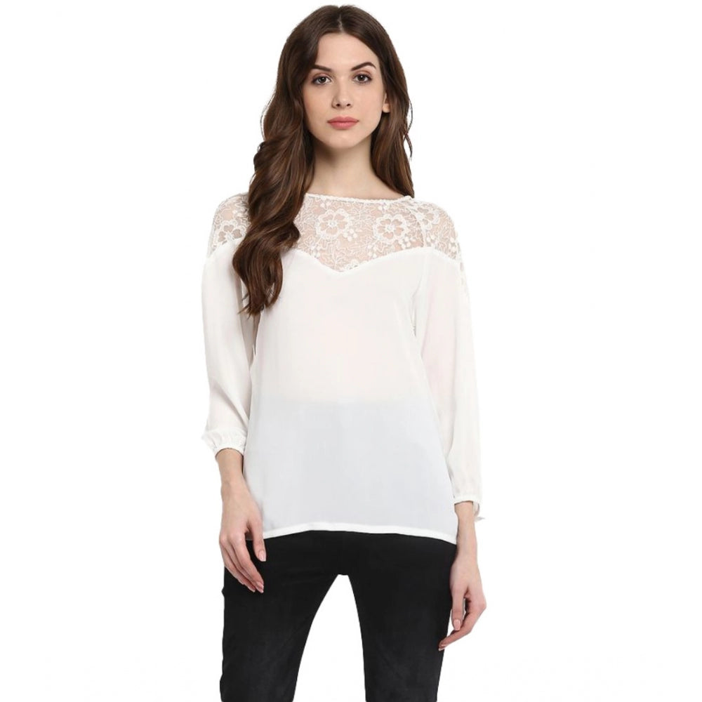 Generic Women's Polyester Georgette Self Design 3-4th Sleeves Regular Top (White)