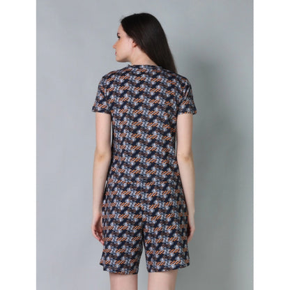 Generic Women's Cotton Blended Printed Round Neck Half Sleeve Top - Shorts Set (Blue-Brown)