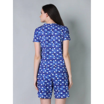 Generic Women's Cotton Blended Printed Round Neck Half Sleeve Top - Shorts Set (Blue)