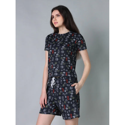 Generic Women's Cotton Blended Printed Round Neck Half Sleeve Top - Shorts Set (Black)