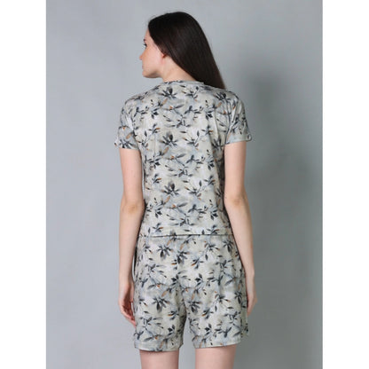 Generic Women's Cotton Blended Printed Round Neck Half Sleeve Top - Shorts Set (Grey)