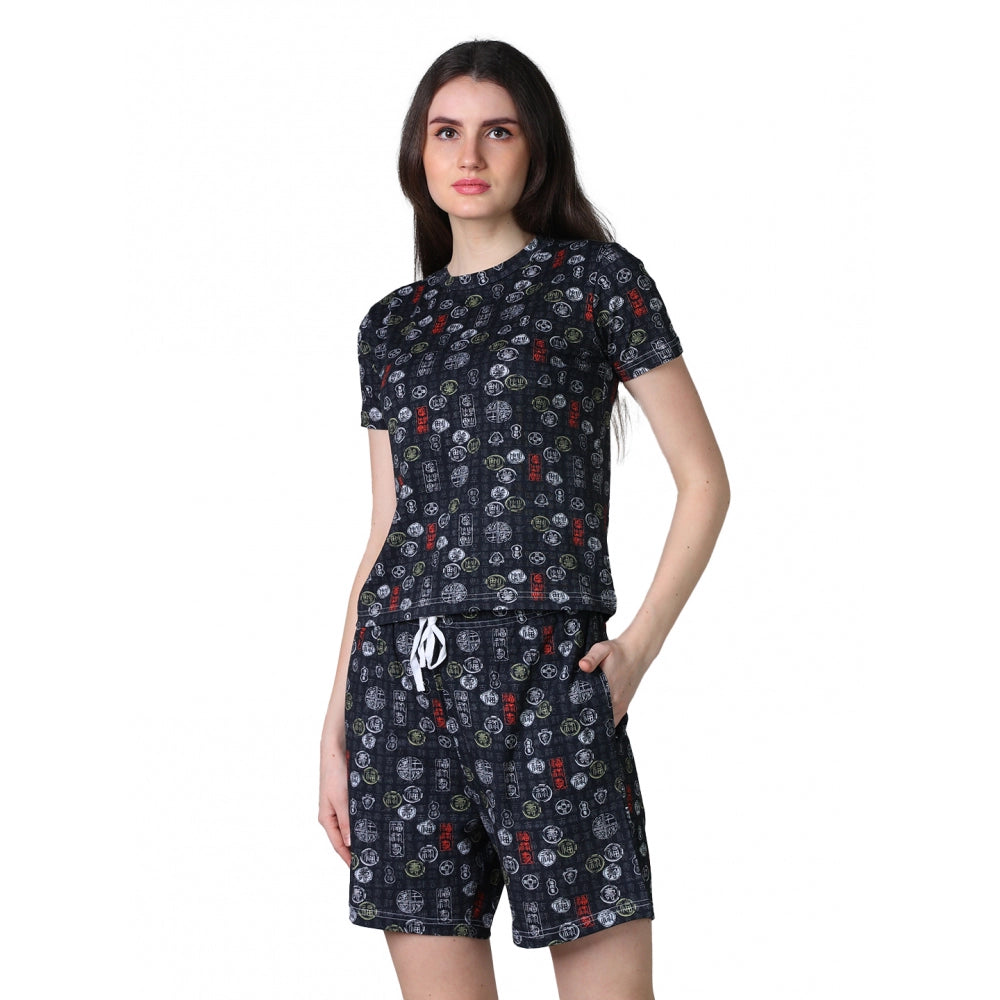 Generic Women's Cotton Blended Printed Round Neck Half Sleeve Top - Shorts Set (Black)