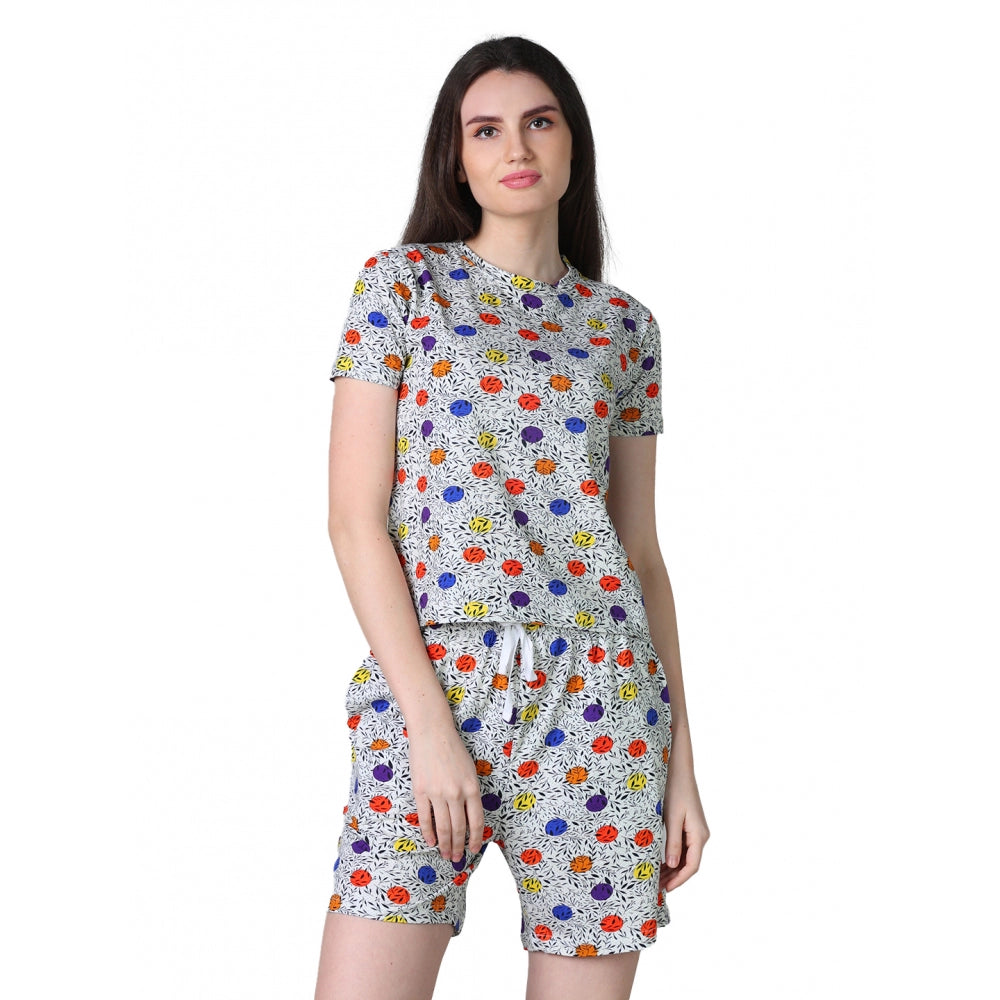 Generic Women's Cotton Blended Printed Round Neck Half Sleeve Top - Shorts Set (Grey)