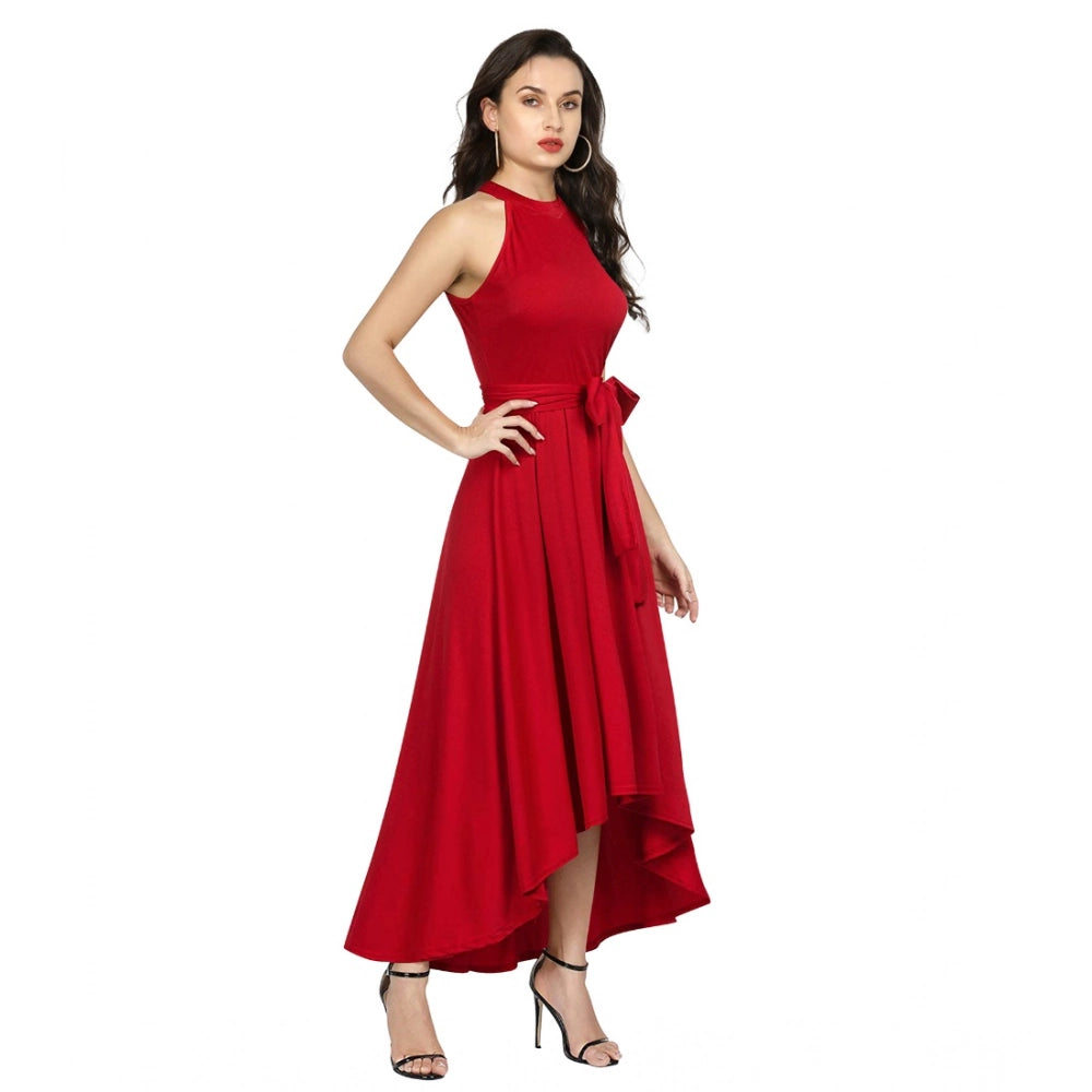 Generic Women's Polyster Solid Halter Neck Sleeveless Dress (Red)