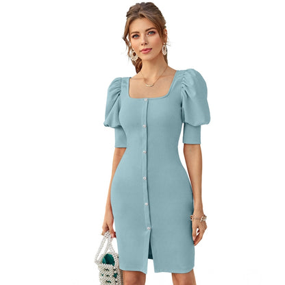 Generic Women's Knitting stretchable Solid Square Neck 3-4 Puff Sleeve Dress (Pista)