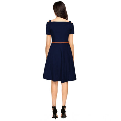 Generic Women's Polyester Solid V Neck Cap Sleeve Dress (Blue)