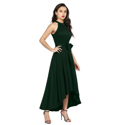 Generic Women's Polyster Solid Halter Neck Sleeveless Dress (Green)