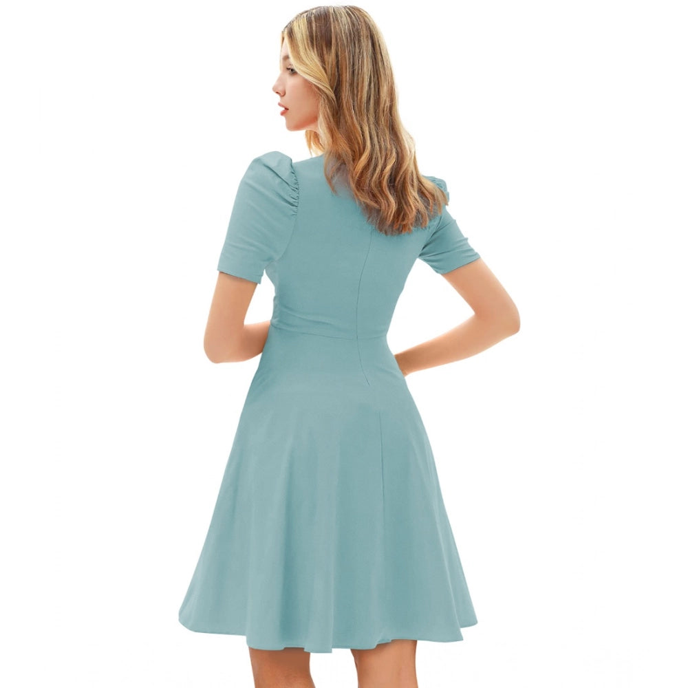 Generic Women's Knitting stretchable Solid V Neck Cap Sleeve Dress (Pista)