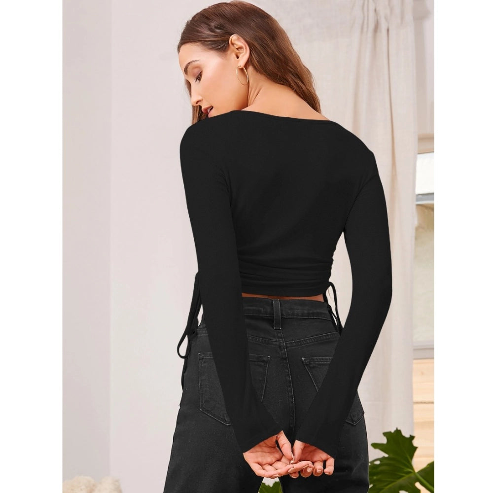 Generic Women's Polyester Solid Round Neck Full Sleeve Top (Black)