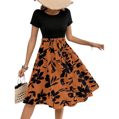 Generic Women's Knitting Printed Round Neck Short Sleeve Dress (Orange)