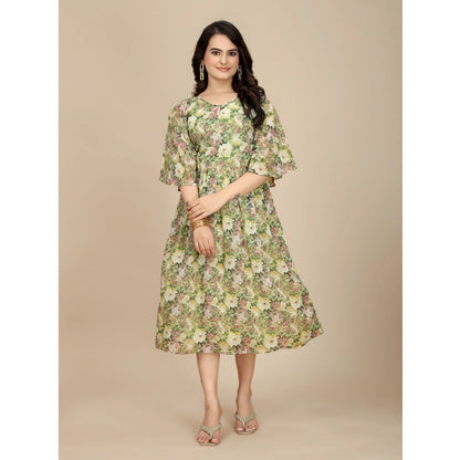 Generic Women's Georgette Printed Round Neck Short Sleeve Dress (Green)