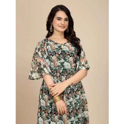 Generic Women's Georgette Printed Round Neck Short Sleeve Dress (Black)