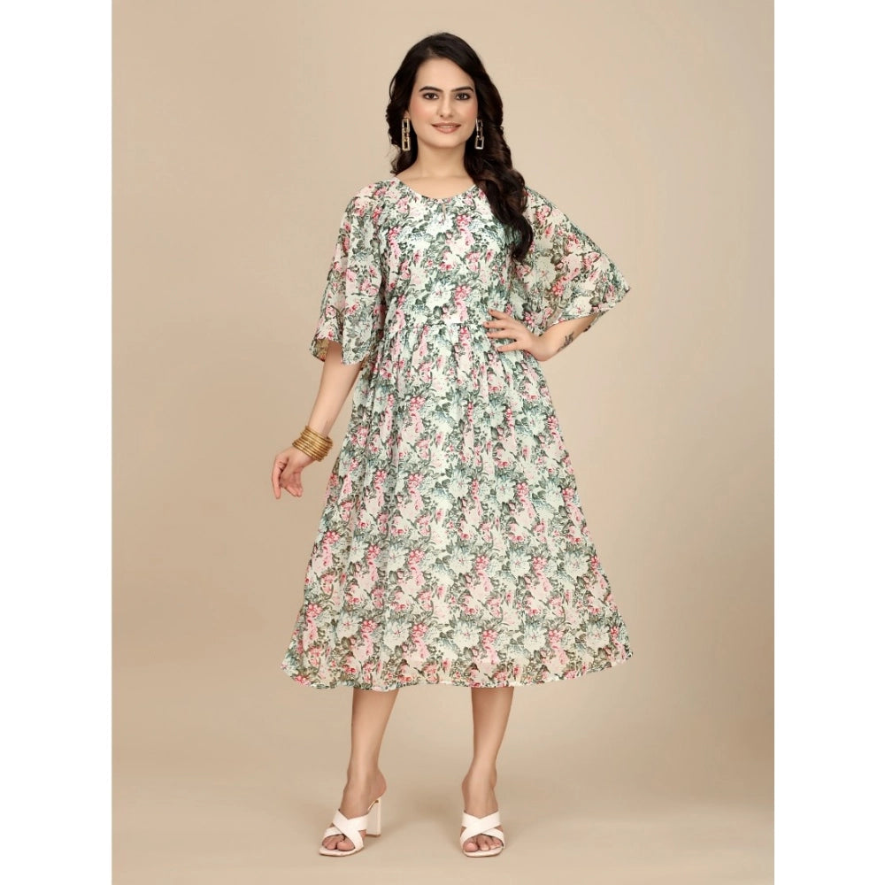 Generic Women's Georgette Printed Round Neck Short Sleeve Dress (Pink)