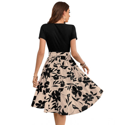 Generic Women's Knitting Printed Round Neck Short Sleeve Dress (Cream)