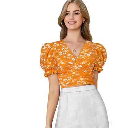 Generic Women's Knitting Printed V-Neck Puff Sleeve Tops (Yellow)