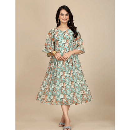 Generic Women's Georgette Printed Round Neck Short Sleeve Dress (Multicolor)