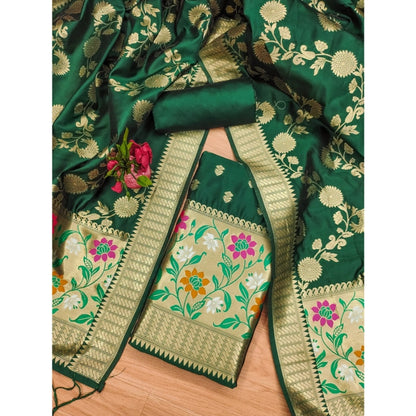 Generic Women's Banarasi Silk Printed Unstitched Salwar Suit Material With Dupatta (Green, 3Mtrs)